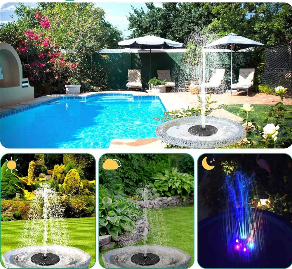 3.8W Fontaine Solaire avec LED Lumières Solaire Fontaine 2200mah Flottant  Solaire Alimenté Pompe À Eau pour Bird 1800mAh -XUNI1950