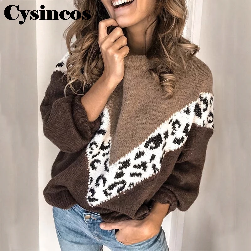 Cysincos осенне-зимний Леопардовый свитер пуловер для женщин плюс размер
