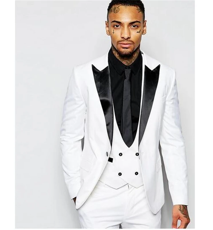 

3 Pieces(Jacket+Pants+Vest) White Mens Formal Suits Tuxedos Blazers Suits Peak Lapel Custom Made Best Men Grooms