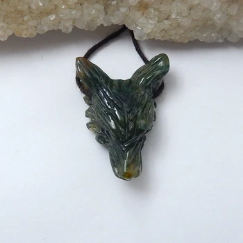 

New Arrival,Hand Engraving Natural Moss Agate wolf head Pendant Beads,Wolf Necklace Jewelry 27x20x10mm,4.5g