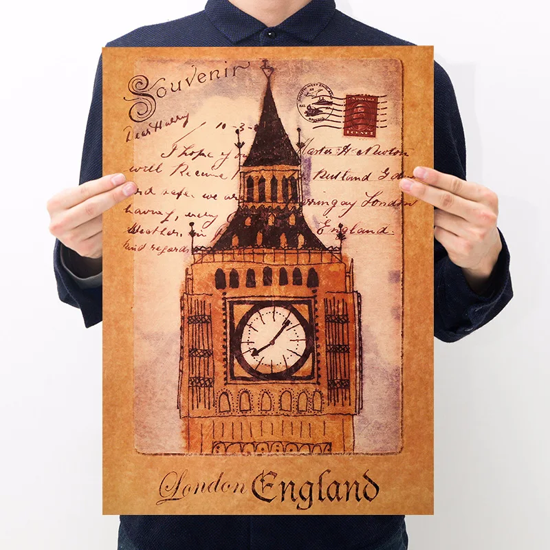 

Room decoration architecture big ben poster kraft paper retro poster bar cafe decoration painting wall sticker