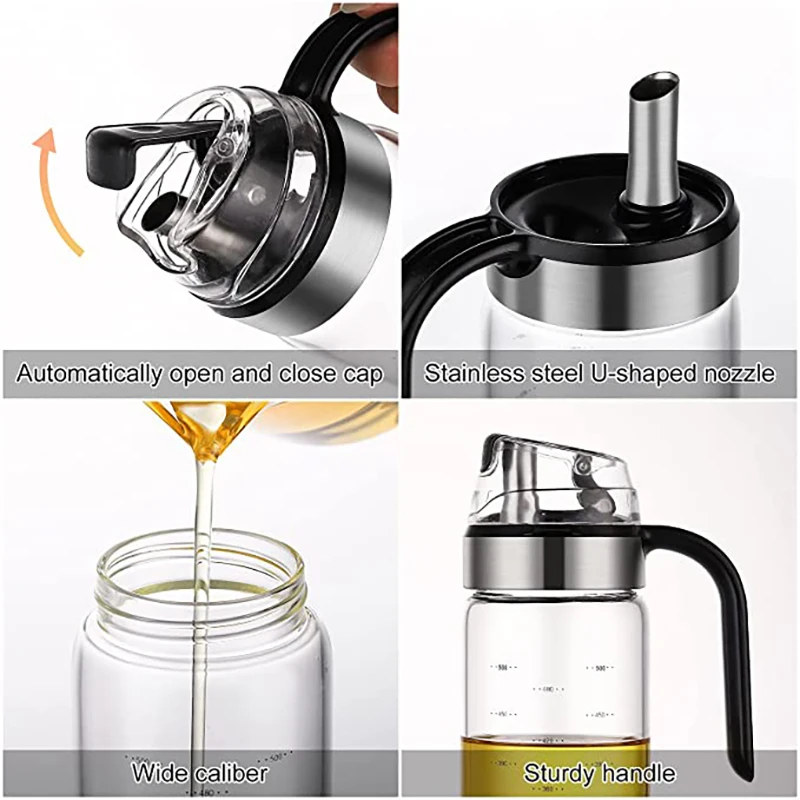 Large Olive Oil Dispenser Bottle Auto Flip Condiment Container Automatic Cap and Leakproof Vinegar Glass Cruet