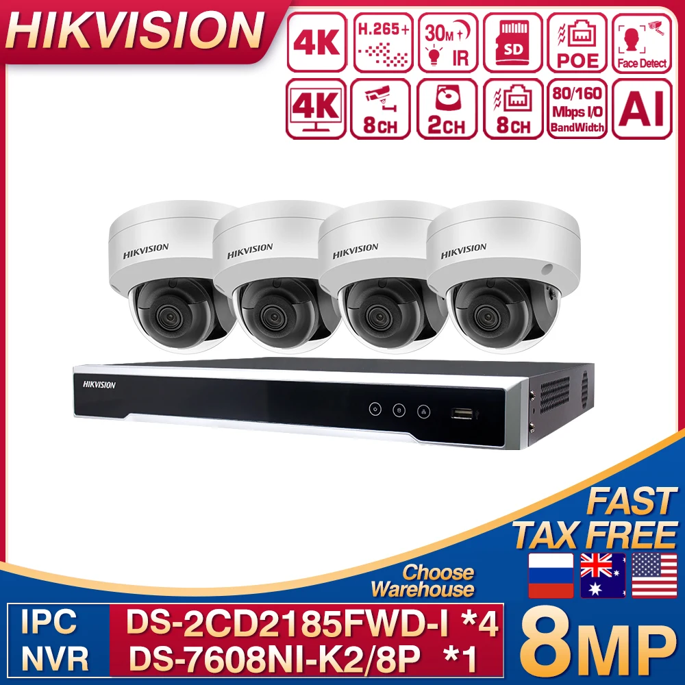 Hikvision Kits DS-2CD2185FWD-I IP Camera 4K 8MP 4PCS With NVR DS-7608NI-K2-8P POE System Surveillance CCTV | Безопасность и защита