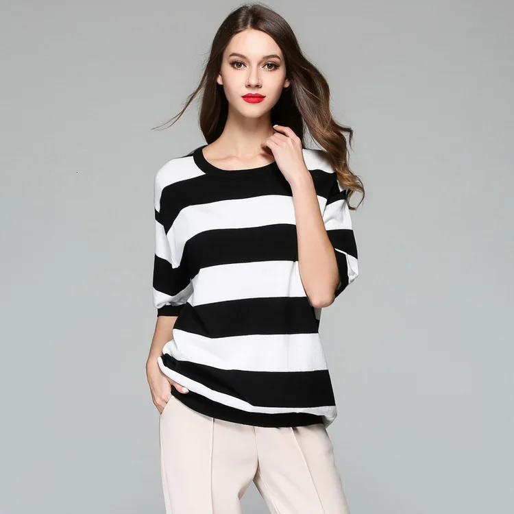 

New High Quality Summer Striped Women Pullovers O Neck Half Sleeve Ladies Casual Loose Knitted Sweater Jumper 2020 Ropa Mujer