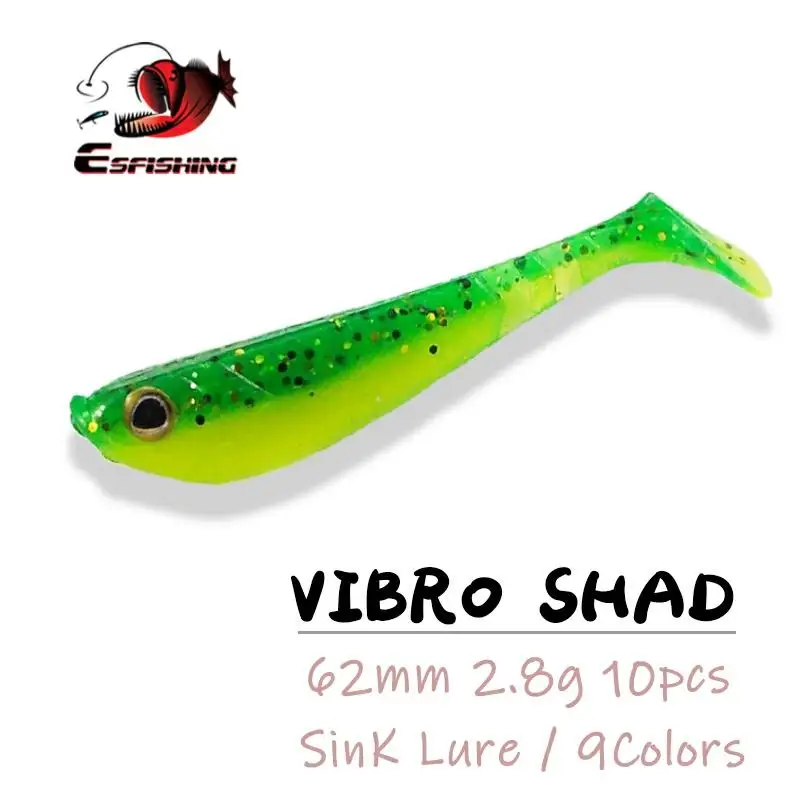 ESFISHING Lure Soft Fishing Bait Shad Lure Vibro Shad 62mm 2.8g 10pcs 3D Eye Tackle Silicone Bait Leurre Souple Popper Fake Lure ► Photo 1/5