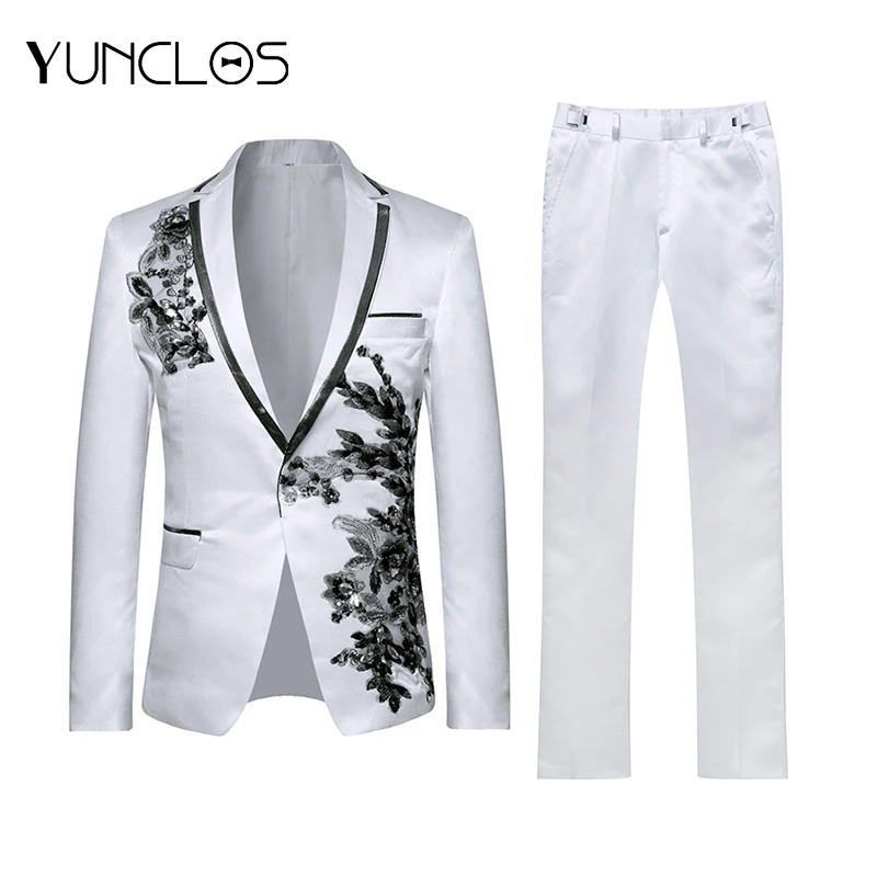 YUNCLOS новейший дизайн мужские костюмы черные цветы для банкета ужина вечерние из 2