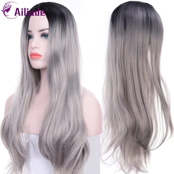 

AILIADE Long Synthetic Wig Dark Root Black and Gray Color High Density Natural Hairline Heat Resistant Hair Wigs for Women
