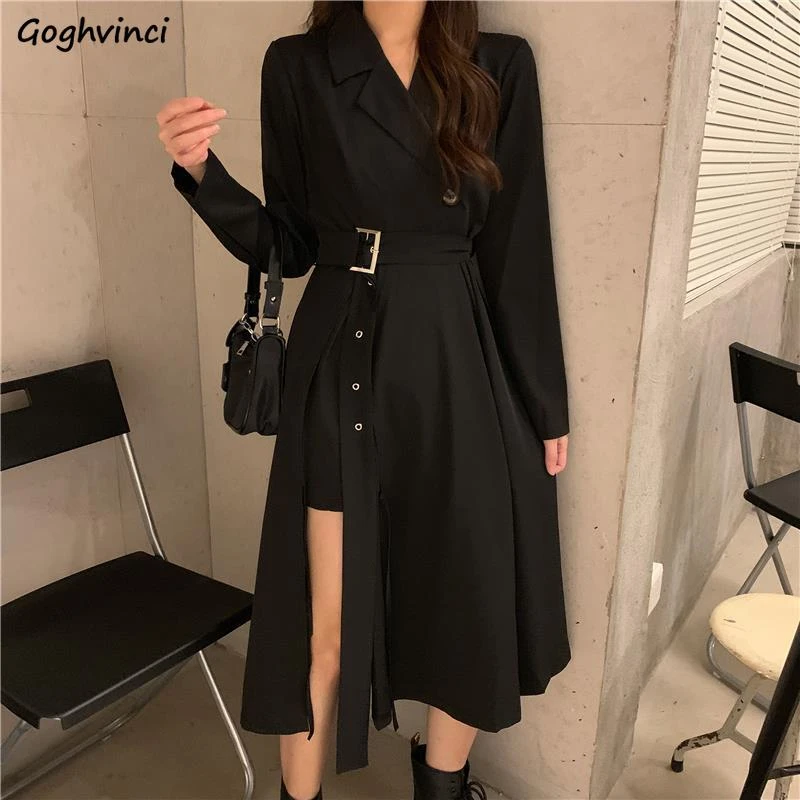 Women Long Sleeve Dress Notched High Waist Sashes Side-slit A-line Design New Mid-calf Solid Korean Style Chic Ulzzang Ins Femme monsoon dresses