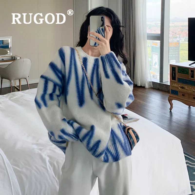 RUGOD Модный женский геометрический краситель-спрей свитер корейский шик Ins темперамент мягкий толстый свитер контрастных цветов свободного кроя пальто