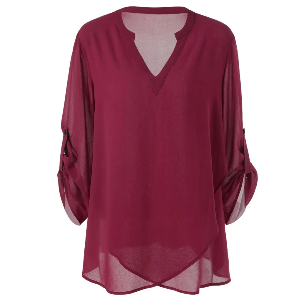 Maternity Solid Color Folded Sleeve Chiffon V-neck Blouse Women Pleated Long Sleeves Loose Chiffon Shirt for Women Tops 5XL