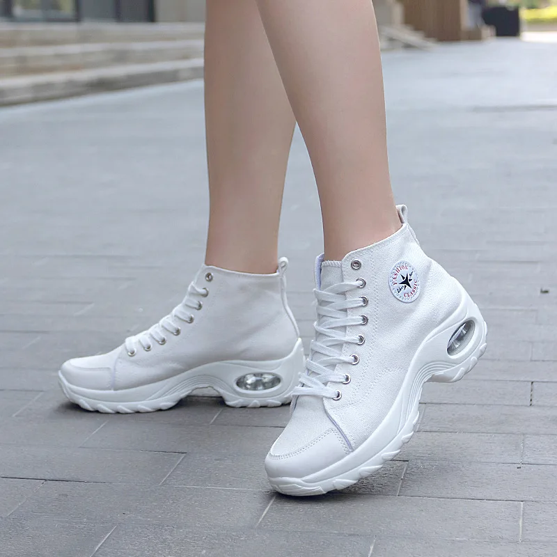 

Female Shoes 2020 New Large Size Increase High Top White Sneakers Woman Air Cushion Casual Canvas Shoes Fashion Lace Women Boots