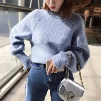 

Women Sweater 2019 Autumn and Winter Light Blue Loose Cuffs Rhinestone Pullover Sweater