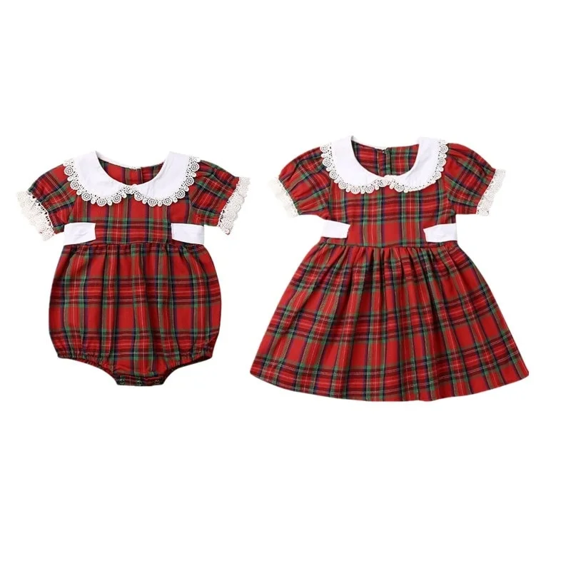 Christmas Kids Baby Girls Clothes Sister Matching Plaid Romper Dress Outfits |