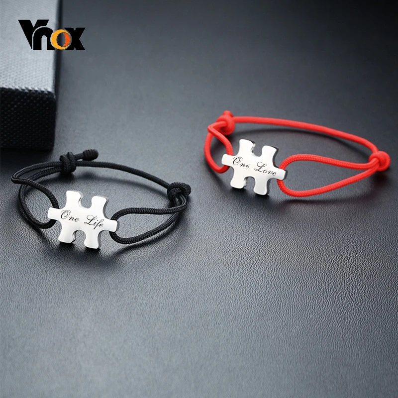 Vnox персонализировать выгравировать имя любви из нержавеющей стали Пазлы Сердце Монета браслеты с подвесками для женщин мужчин цепочка веревка ручной работы