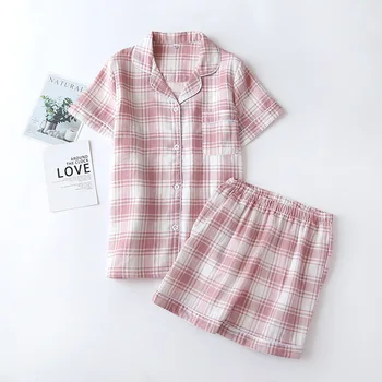 

Summer Men Women Two Piece Set Pajamas Suit Womens Lounge Wear Cotton Short-sleeved Shorts Couple Lattice Shirt Loose Sleepwear