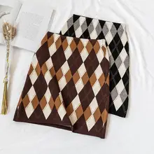 Осенне-зимние юбки-карандаш, клетчатая вязаная мини-юбка, винтажные сетчатые вязаные юбки с высокой талией