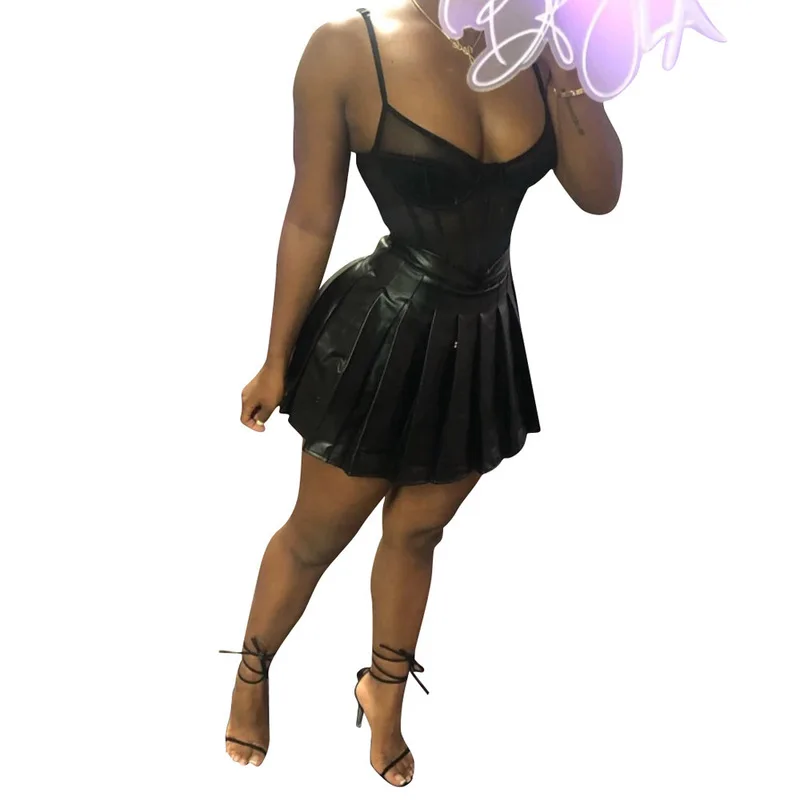 Искусственная кожа мини юбки плиссированные сексуальные для женщин Мода Высокая талия черная летняя юбка плюс размер Уличная Повседневная короткая юбка