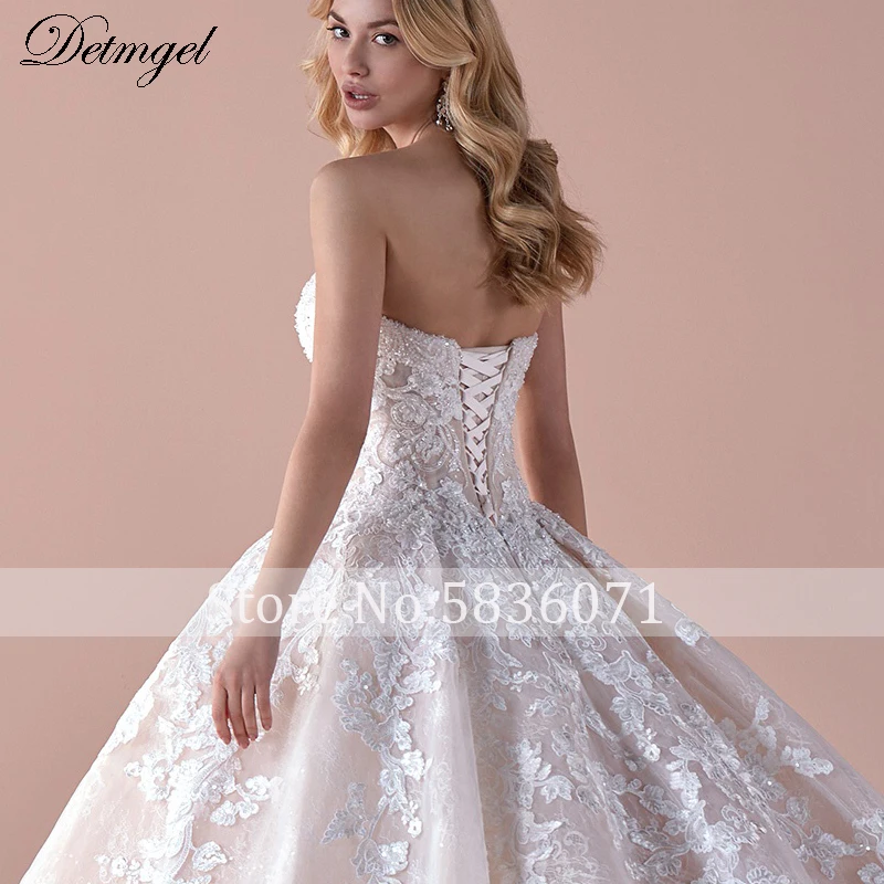 Detmgel New Sexy Strapless Lace Up Beaded Bride A-Line Wedding Dresses 2022 Gorgeous Appliques Chapel Train Princess Bridal Gown plus size wedding dresses