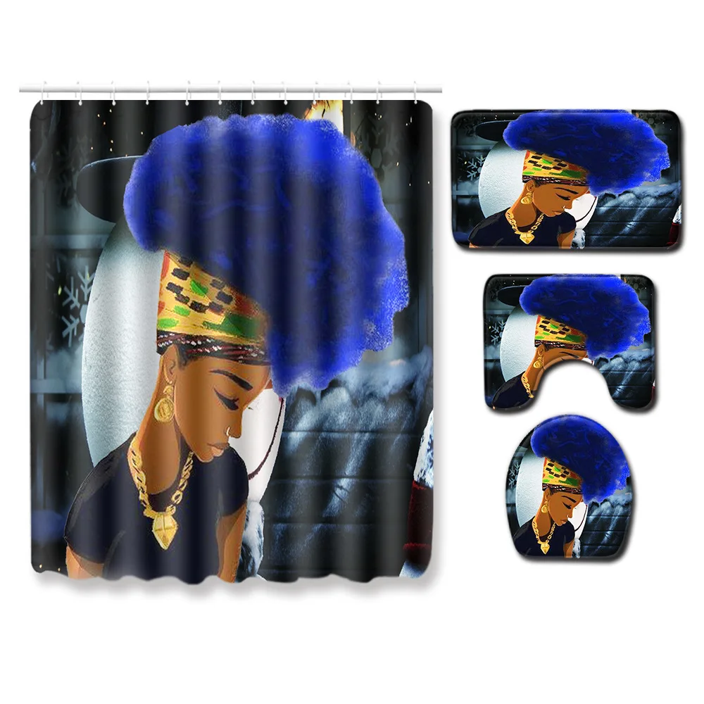 Fashion African Woman Pattern Polyester Shower Curtain Set Non Slip Rugs Carpet for Bathroom Toilet Flannel Bath Mat - Цвет: J190901-A006