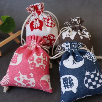 

Small Drawstring Gift Bag Candy Change Pocket Cute Japanese Cartoon Cats Style Cotton Linen Bags Phone Package Free Shipping