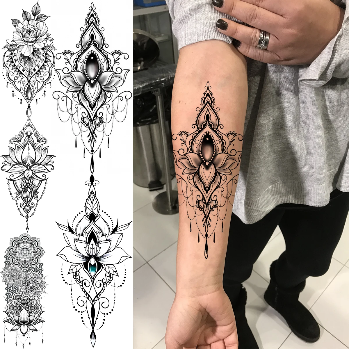 Tatouage Mandala Fleur De Lotus Pendentif Lotus 3D réaliste, faux tatouage temporaire pour femmes, fille  adulte, fleur Mandala Rose, avant bras lavable | AliExpress