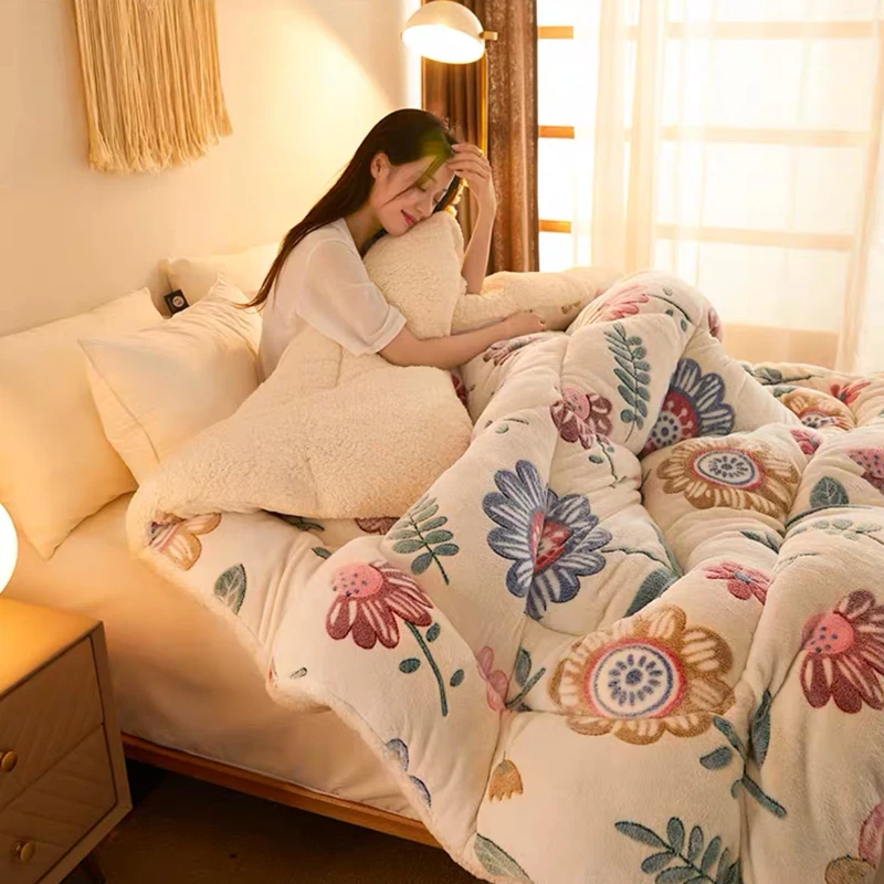 Twin/Queen/King Size patchwork Thick Warm Quilts Duvet home Luxury Printed Flannel Winter Blanket Bedding Comforter quilted bed comforter