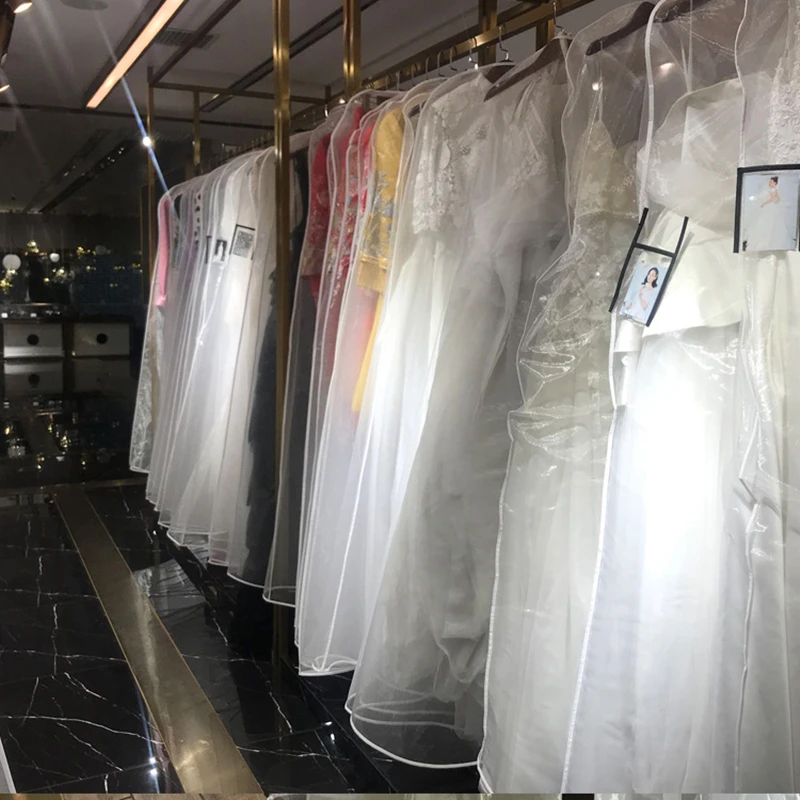 웨딩 드레스용 디스플레이 먼지 커버, 투명 샤이니 원사 의류용 방진 커버, 긴 행잉 의류 커버