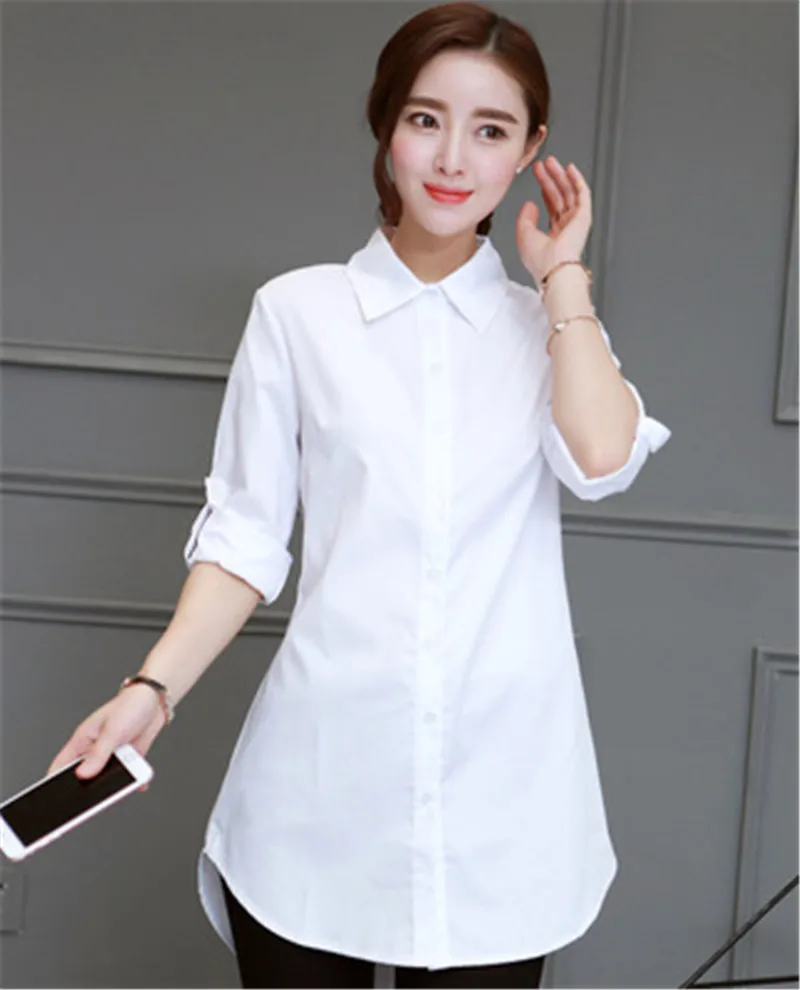 Womens OL Cotton Long Blouses Top Slim Long Sleeve Turn-down Collar Ladies Shirts Pink/White/Blue Blusas Plus Size 5XL Shirt 2