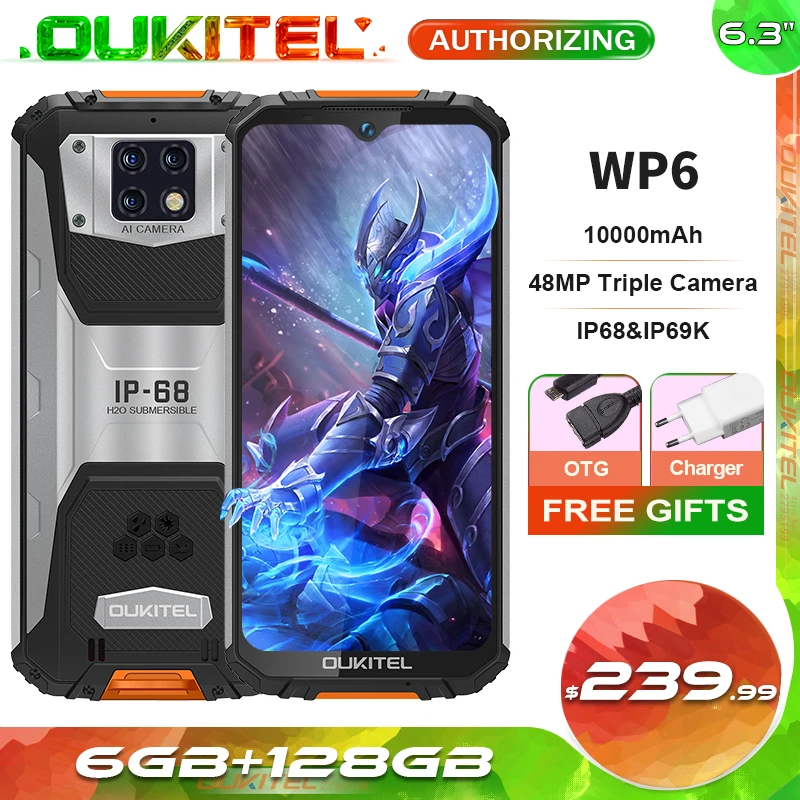 OUKITEL WP6 6GB+128GB IP68 Waterproof 10000mAh Smartphone 6.3'' FHD+ 48MP Triple Camera Octa Core Rugged Mobile Phone good cell phone for gaming