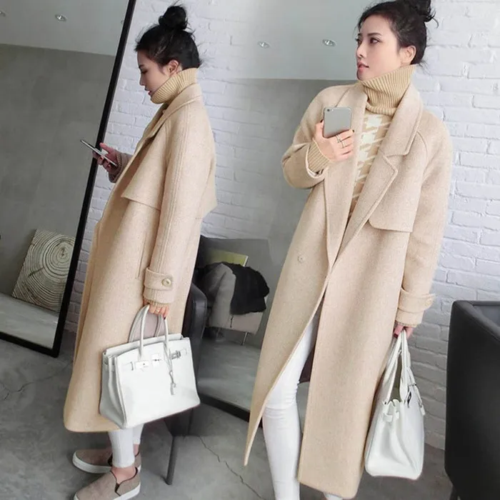 Women Autumn Winter Lapel Long Sleeve Longline Coat Slim Fit Long Coat JS25