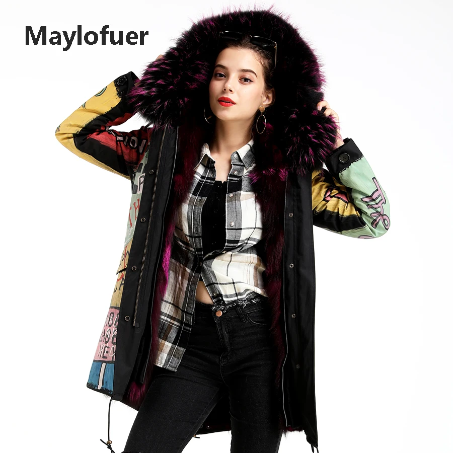 

Maylofuer Graffiti Parka Women Detachable Real Silver Fox Fur Liner Jacket with Raccoon Fur Collar Hood Coat