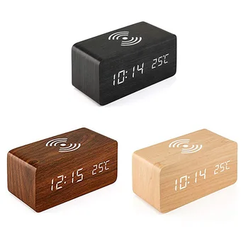 

Qi Wireless Charging Charger Pad Sound Control For samsung xiaomi huawei Fashion Wooden Alarm Clock With Wood LED Digital Clock