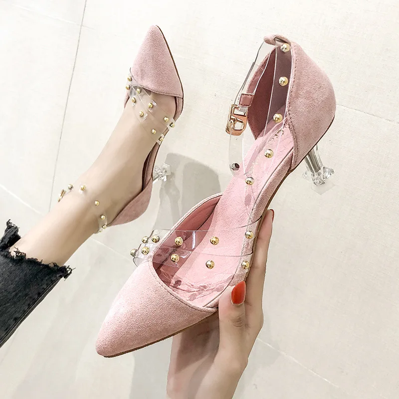 

2019 Summer New Style Rivet Pointed-Toe High Heel Shoes Women's Thin Heeled Transparent Closed-toe Sandals Women's Rivet Hallow