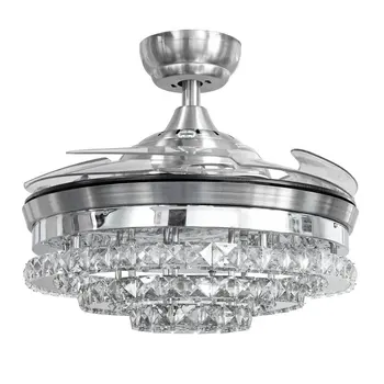 

42 Inch Invisible Crystal Ceiling Fan with LED Light and Remote, 4 Retractable ABS Blades Fan Chandelier for Bedroom Diningroom