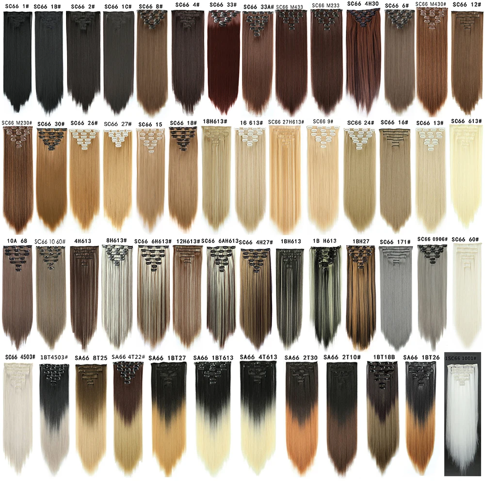 Synthetic Long Straight Women Clip in Hair Extensions 22" Fake False Hair Pieces Black Brown Blonde Purple Styling 7Pcs