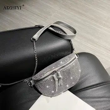 

Rhinestone Fanny Waist Bag Classic Creative Delicate Design Chic Women Casual Zipper Small Chest Crossbody Phone Pack