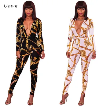 

Gold Chain Printed Bodycon Jumpsuit for Women 2020 Autumn Deep V Neck Sexy Overalls Long Pants Rompers Womens Jumpsuit Catsuit