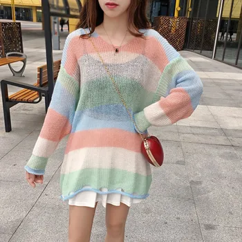 

Women's Rainbow Stripe Knitted Sweater Autumn Sexy Female Plus Size Korean Sweet Personality Fashion Comfortable And Breathable