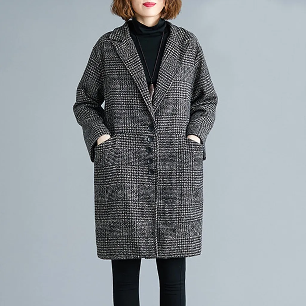 Plus Size M-2xl Woman Plaid Wool Blend Cape Coat Grey Tweed Long Sleeve Single Breasted Wool Overcoat Trench Coat Jacket#J30