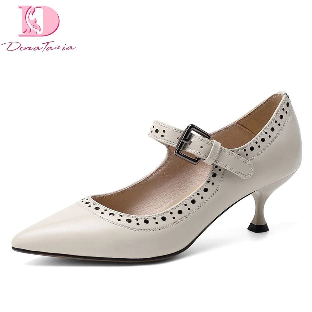 

Doratasia full Genuine Leather High Heels pointed Toe brogue Shoes Woman elegant mary janes Pumps shoes women