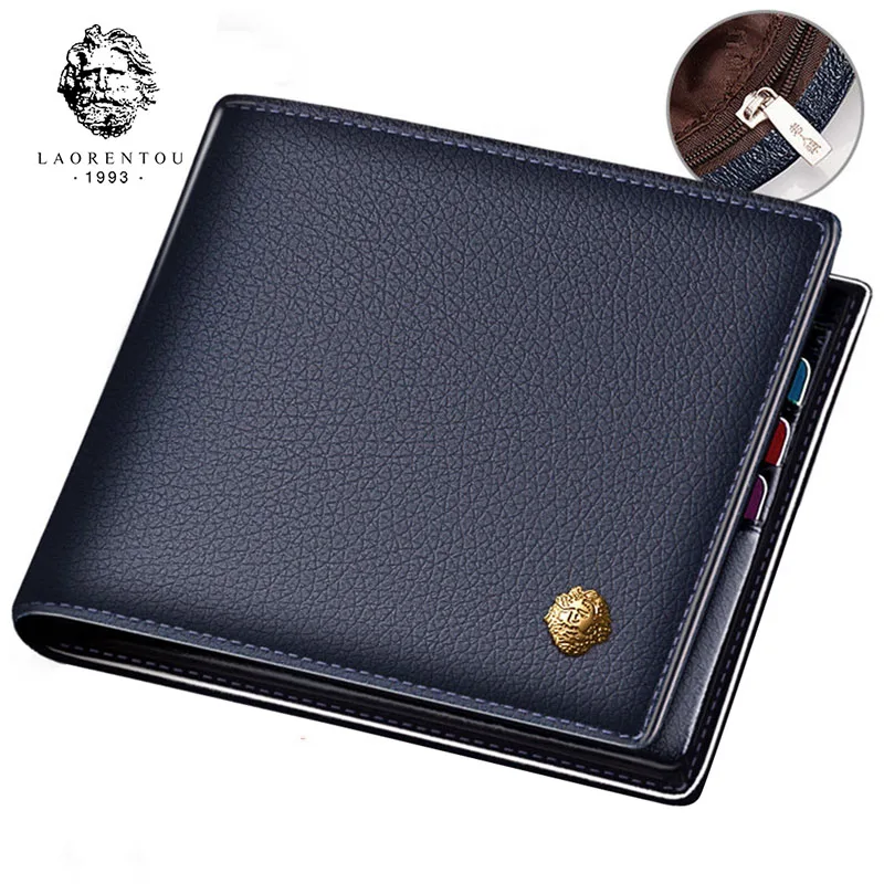 LAORENTOU Wallet Men Genuine Leather Standard Card Holders Short Wallet Vintage Cow Leather Man Bifold Wallets Casual Card Purse