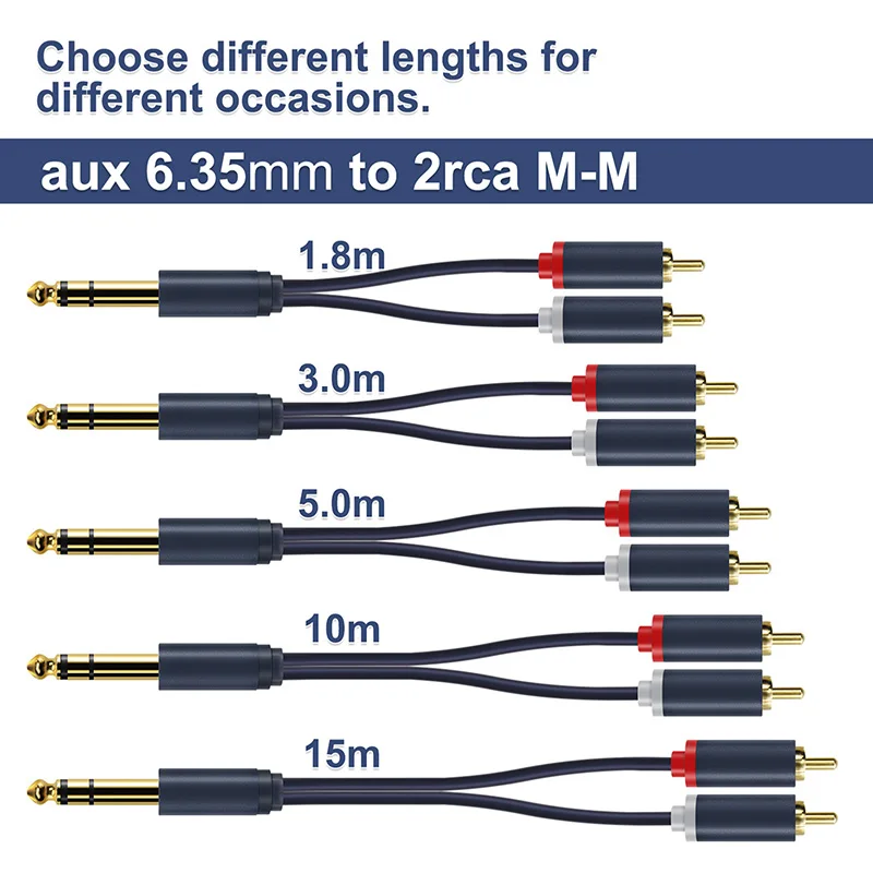 Cabletime 6.35mm to 2RCA Jack Cable Male to Male Stereo Cable Gold Plated AUX Audio Cable For Music Amplifier Line C218