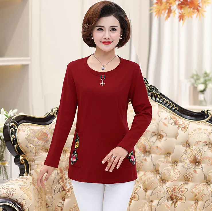 wine red 1166 warm tops fall winter women thick long sleeves t-shirts velvet jersey plus size middle age mother shirt pulloves bottoming shirt - Цвет: wine red 1166