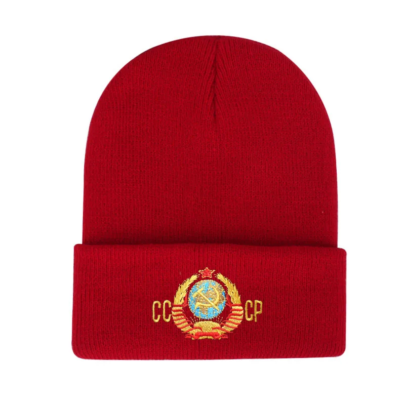 Red wine Вышивка CCCP мужская вязаная шапка Skullies зимние вязаные шапочки для мужчин двухслойная теплая шапка шапки для мальчиков лыжные кости - Цвет: Red wine