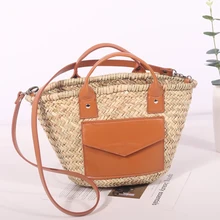 Brands Wicker Woven Rattan Bags for Women Handbags Bohemia Leather Patchwork Shoulder Crossbody Bag Beach Straw Basket Bag 2021