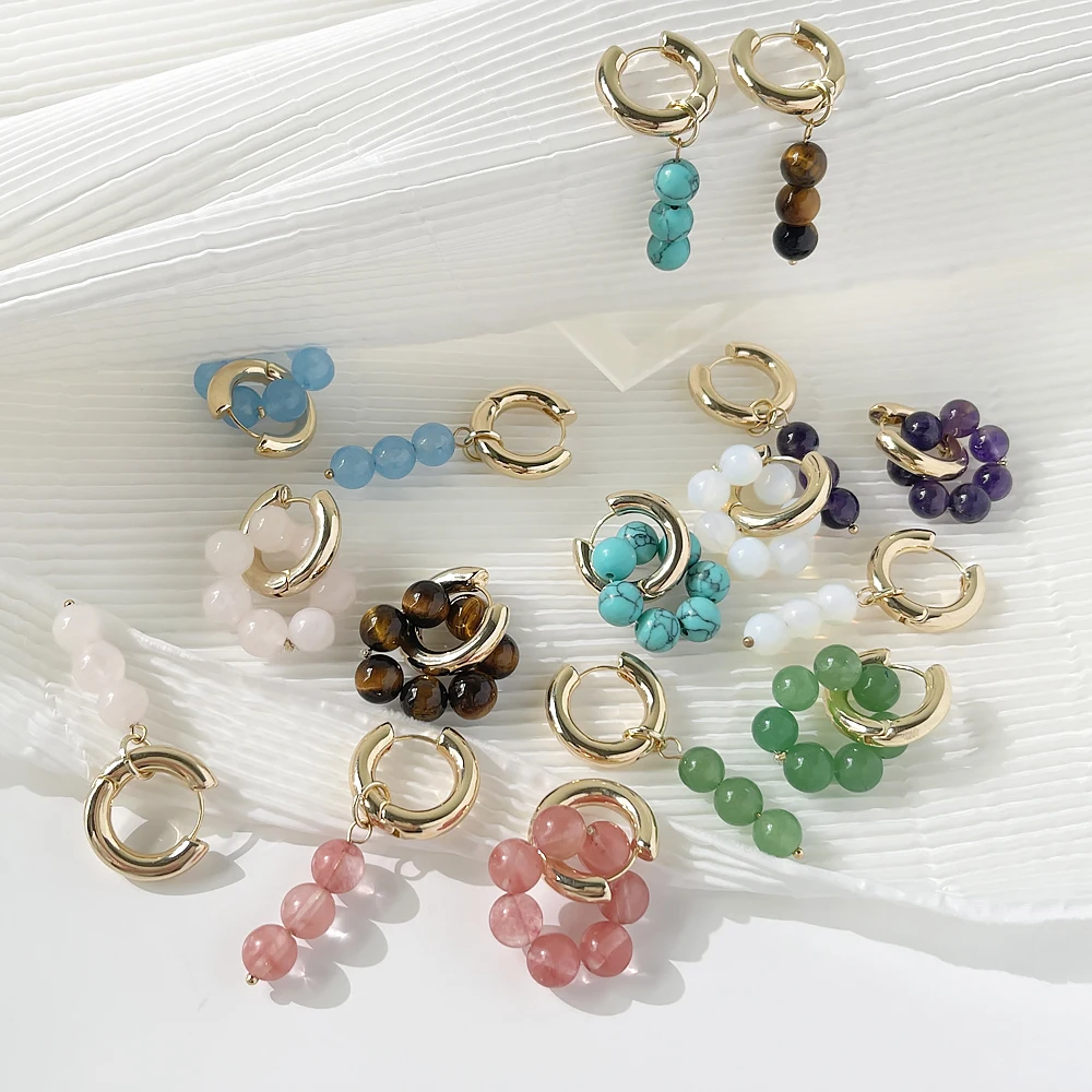 Peri'sBox Boho Asymmetric Multicolor Stone Bead Hoop Earring Colorful Stone Beaded Huggie Earrings Gift Jewelry - Image 3