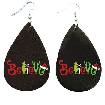

Believe Chirstmas Santa Grinch Earrings Faux Leather Teardrop Leaf Earring