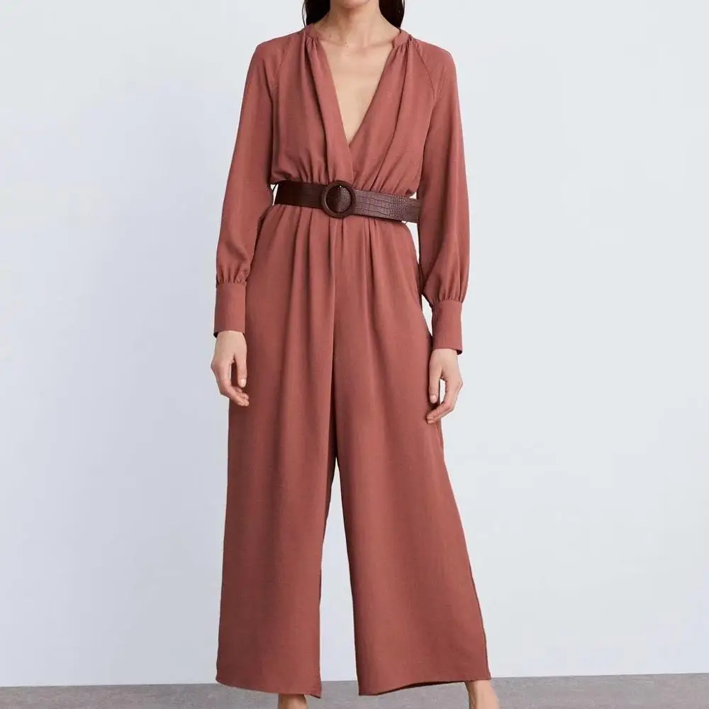 

Autumn Long Sleeve Jumpsuit Women Casual Loose Wide Leg V-neck Office Jumpsuits With Belt