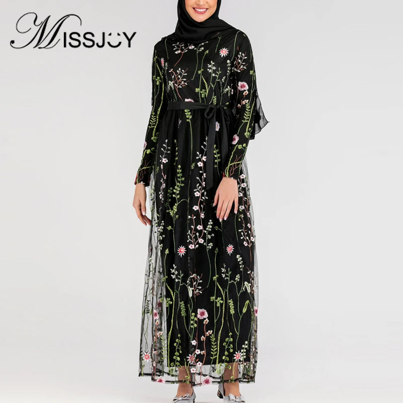 MISSJOY элегантная абайя Вышивка Цветы женское платье Новая мода кафтан пэчворк Малайзия Дубай мусульманский халат женский для вечеринки