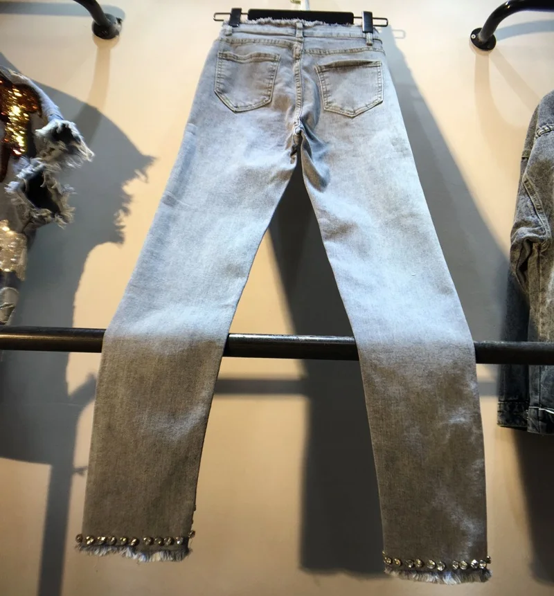 Autumn Vintage Denim Pants Woman Euro New Heavy Drill Rhinestone Diamond High Waist Slim Pencil Pants Jeans Girls Students